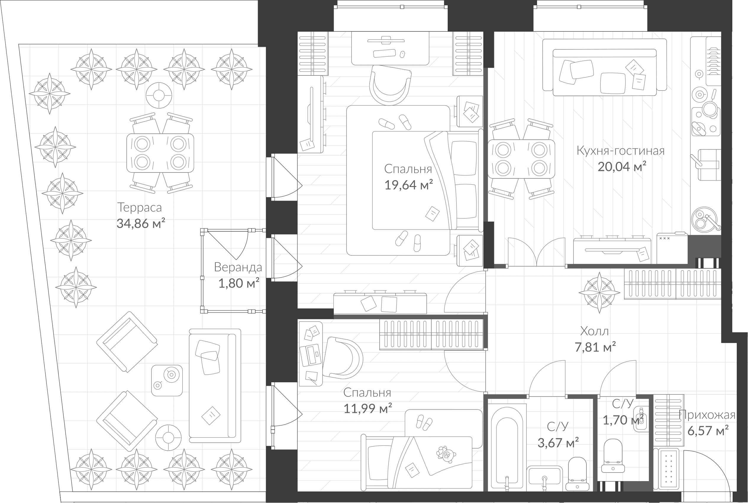 2-комнатная квартира 85.4 м², 1/3 эт., ЖК «VEREN Village Стрельна»